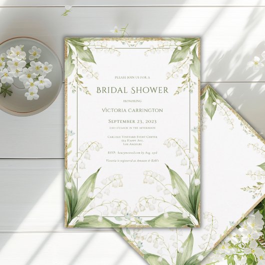 White Floral Watercolor Gold Frame Bridal Shower 招待状