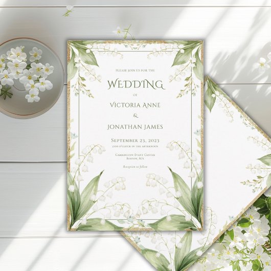 White Floral Watercolor Gold Frame Wedding 招待状