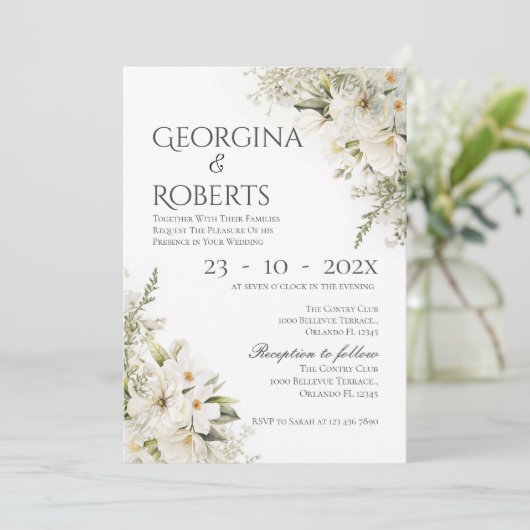 White floral wedding invitation 招待状 (スタンド正面)