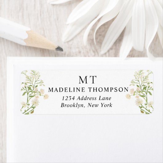 White Floral Wildflower Classic Monogram Address ラベル (インサイチュ)