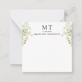 White Floral Wildflower Classic Monogram Square ノートカード