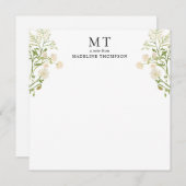 White Floral Wildflower Classic Monogram Square ノートカード (正面/裏面)