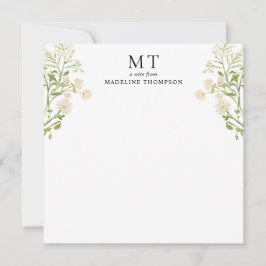 White Floral Wildflower Classic Monogram Square ノートカード