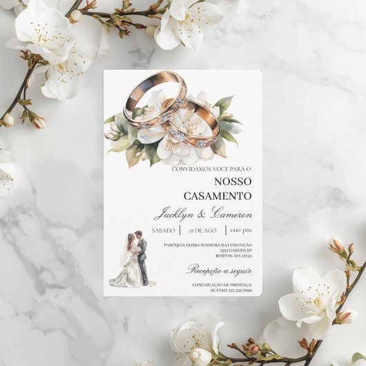 White Floral with ring Portuguese Wedding 招待状