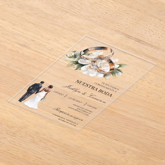 White Floral with ring Spanish Wedding アクリル招待状 (レイダウン)