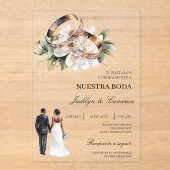 White Floral with ring Spanish Wedding アクリル招待状 (正面)