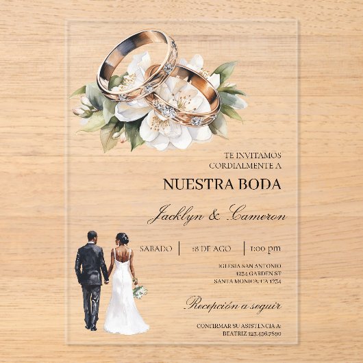 White Floral with ring Spanish Wedding アクリル招待状 (正面)