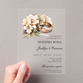 White Floral with ring Spanish Wedding Invitation アクリル招待状 (インサイチュ (ポータブル))