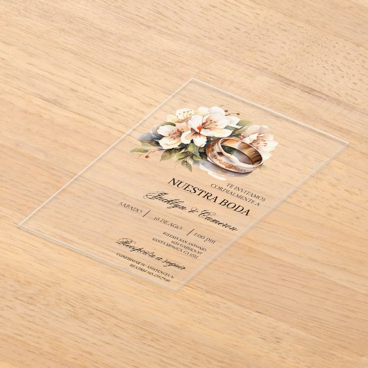 White Floral with ring Spanish Wedding Invitation アクリル招待状 (レイダウン)