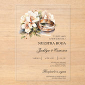 White Floral with ring Spanish Wedding Invitation アクリル招待状 (正面)