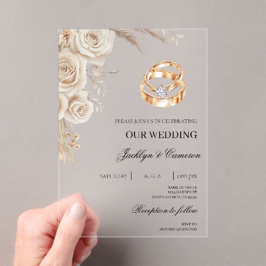 White Floral with ring Wedding アクリル招待状 (インサイチュ (ポータブル))