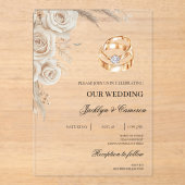 White Floral with ring Wedding アクリル招待状 (正面)