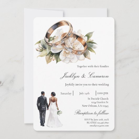 White Floral with ring Wedding 招待状 (正面)