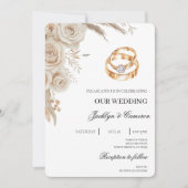 White Floral with ring Wedding 招待状 (正面)