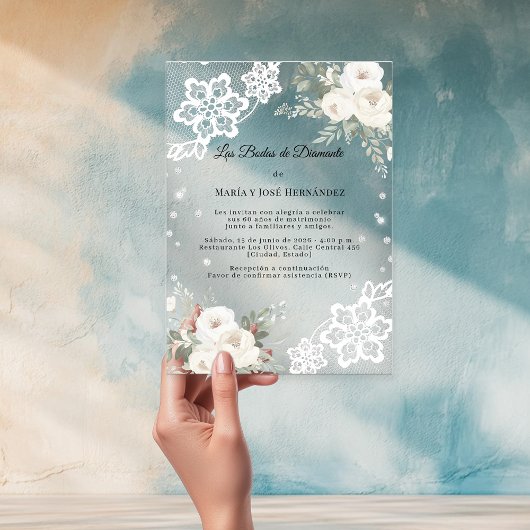  White Florals Invitación Bodas de Diamante アクリル招待状