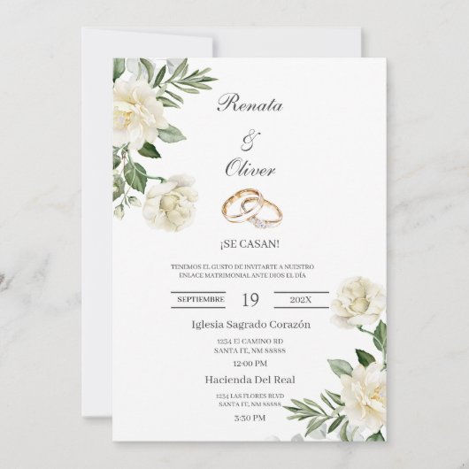 White flow wedding ring Spanish Wedding Invitation 招待状 (正面)
