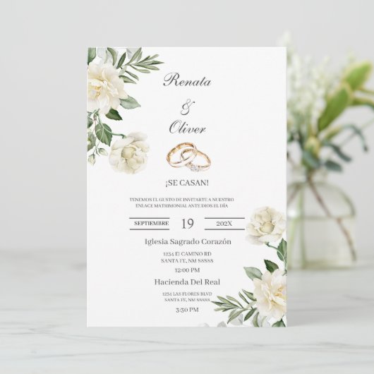 White flow wedding ring Spanish Wedding Invitation 招待状 (スタンド正面)