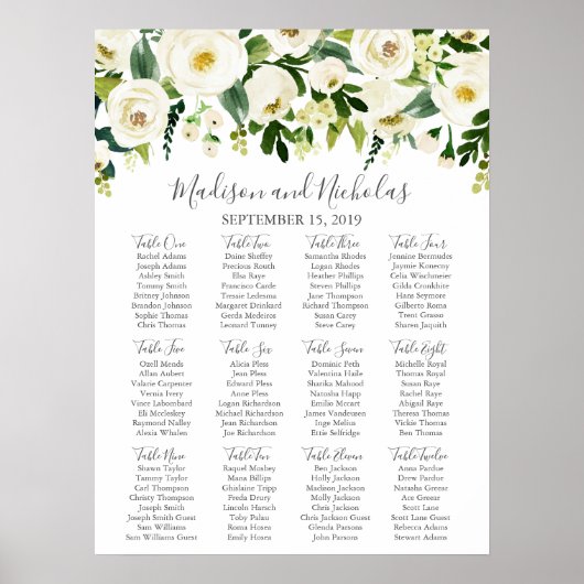 White Flower and Green Wedding Seating Chart ポスター (正面)