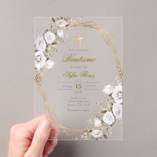 White flower bouquet Baptism in Spanish Invitation アクリル招待状 (インサイチュ (ポータブル))