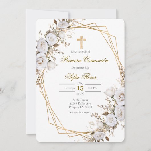 White flower bouquet first communion in Spanish 招待状 (正面)