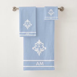 White Flower, Monogram and Stripes on Light Blue バスタオルセット