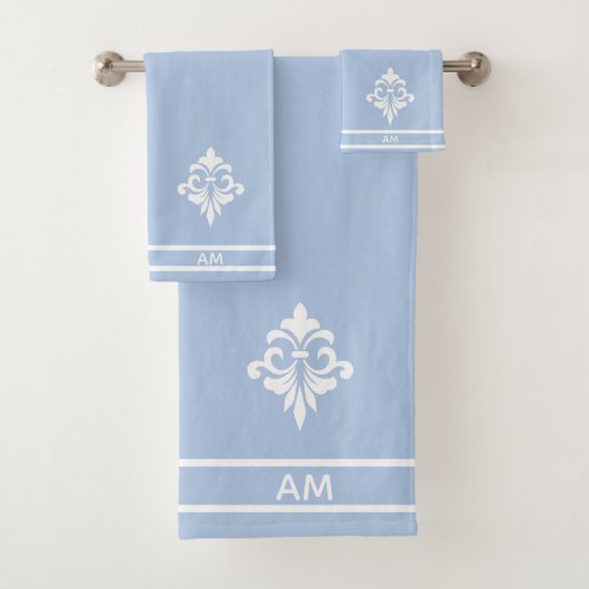 White Flower, Monogram and Stripes on Light Blue バスタオルセット (インサイチュ)