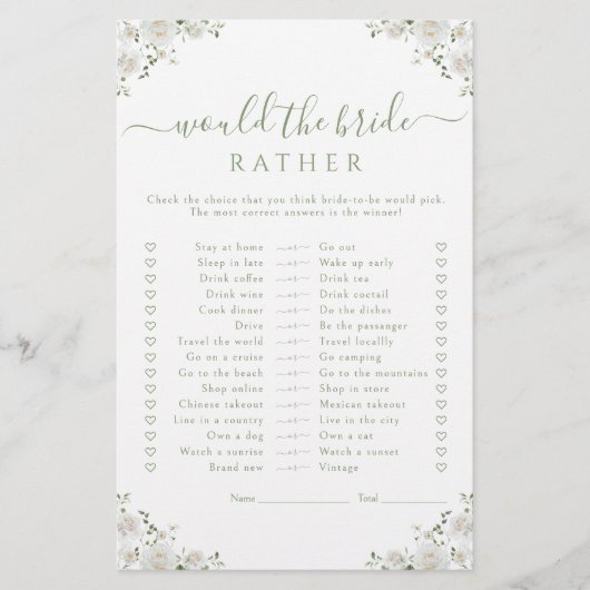 White Flower Would she rather Bridal Shower Game (正面)