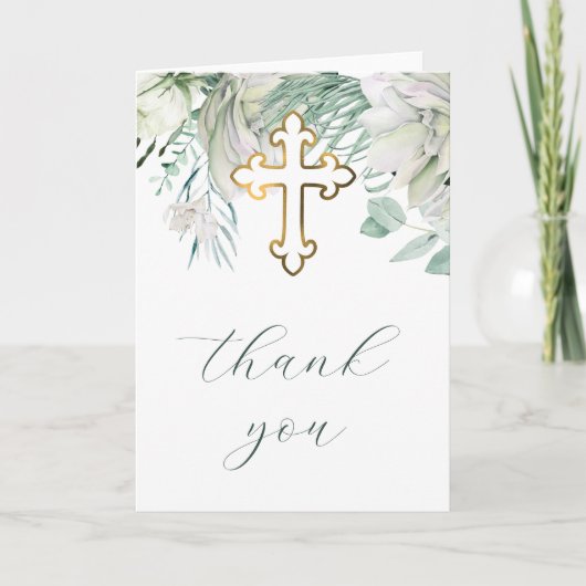 White Flowers and Greenery Religious Thank You カード (正面)