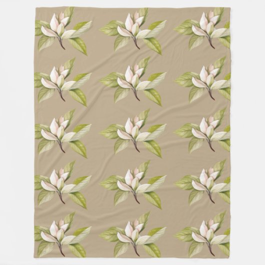 White flowers brown background フリースブランケット (正面)