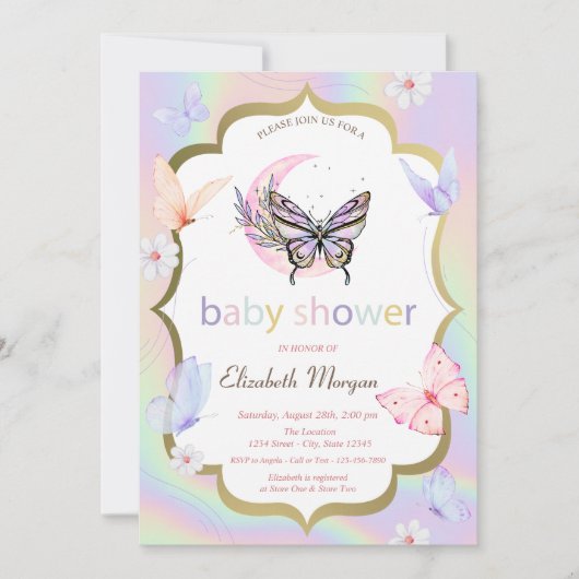 White Flowers Butterflies Holographic Baby Shower  招待状 (正面)