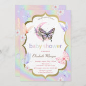 White Flowers Butterflies Holographic Baby Shower  招待状 (正面/裏面)