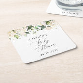 White Flowers, Cream Flowers, Boho, Baby Shower スクエアペーパーコースター (アングル)