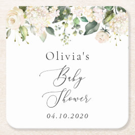 White Flowers, Cream Flowers, Boho, Baby Shower スクエアペーパーコースター