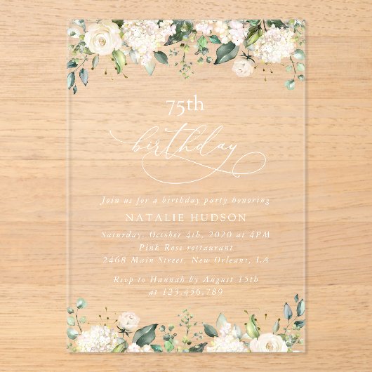 White Flowers, Cream Flowers, Boho, Birthday アクリル招待状 (正面)
