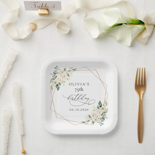 White Flowers, Cream Flowers, Boho, Birthday ペーパープレート (ウェディング)