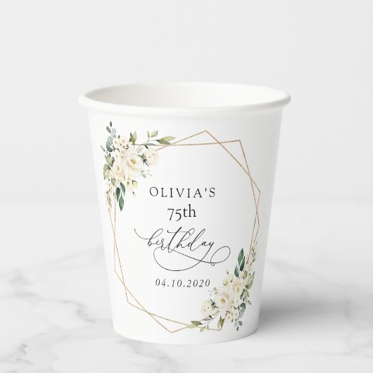 White Flowers, Cream Flowers, Boho, Birthday 紙コップ (正面)