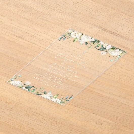 White Flowers, Cream Flowers, Boho, Confirmation アクリル招待状 (レイダウン)