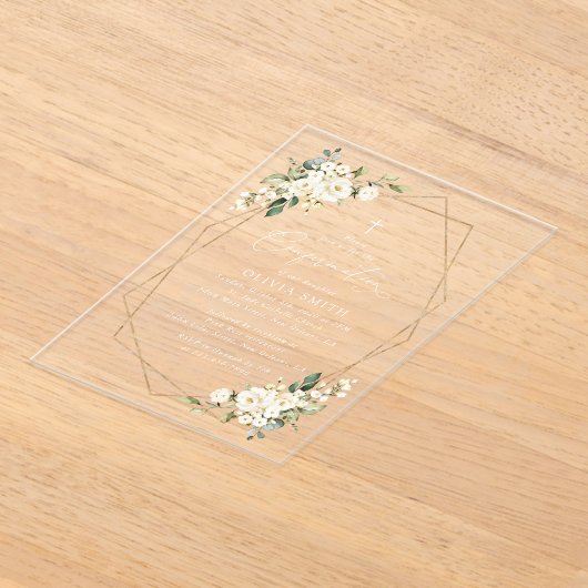 White Flowers, Cream Flowers, Boho, Confirmation アクリル招待状 (レイダウン)