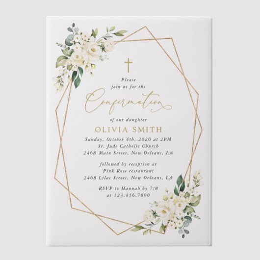 White Flowers, Cream Flowers, Boho, Confirmation ベラム紙招待状 (正面)