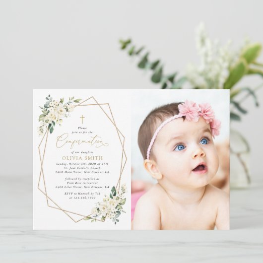 White Flowers, Cream Flowers, Boho, Confirmation 招待状 (スタンド正面)