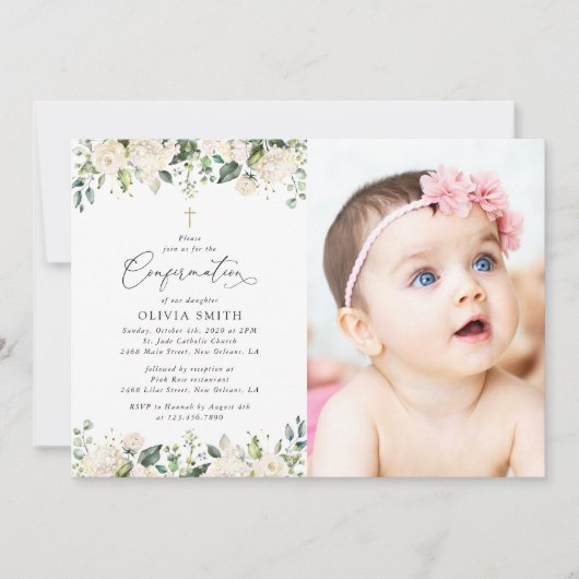 White Flowers, Cream Flowers, Boho, Confirmation 招待状 (正面)