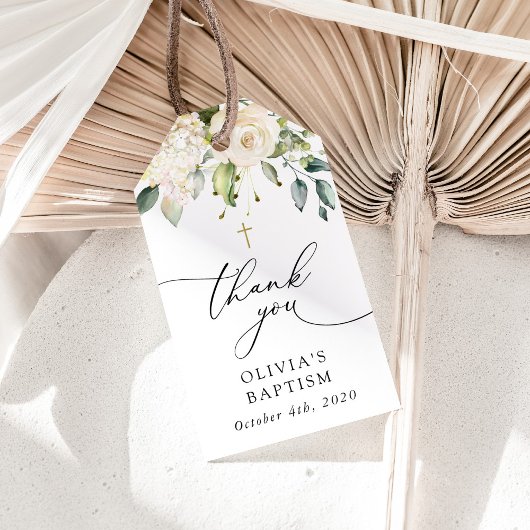 White Flowers, Cream Flowers, Boho, Floral Baptism ギフトタグ