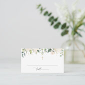 White Flowers, Cream Flowers, Boho, Floral Baptism プレイスカード (スタンド正面)