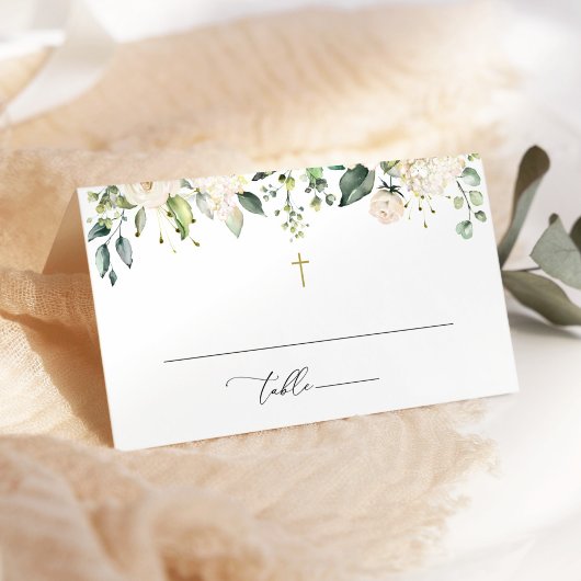 White Flowers, Cream Flowers, Boho, Floral Baptism プレイスカード