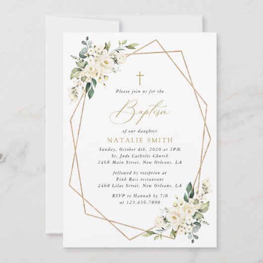 White Flowers, Cream Flowers, Boho, Floral Baptism 招待状 (正面)