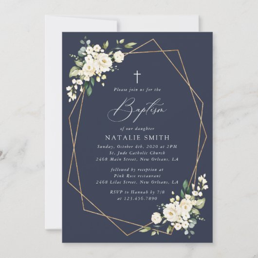 White Flowers, Cream Flowers, Boho, Floral Baptism 招待状 (正面)