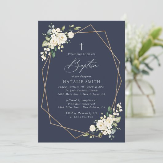 White Flowers, Cream Flowers, Boho, Floral Baptism 招待状 (スタンド正面)