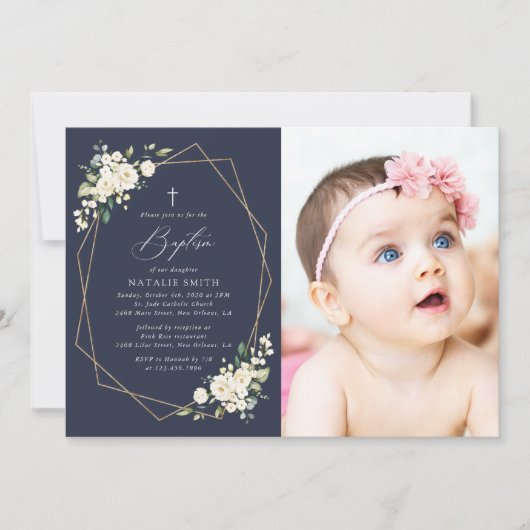 White Flowers, Cream Flowers, Boho, Floral Baptism 招待状 (正面)
