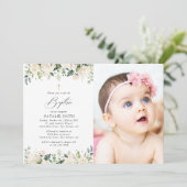 White Flowers, Cream Flowers, Boho, Floral Baptism 招待状 (スタンド正面)