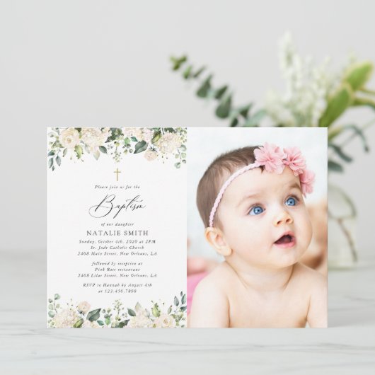 White Flowers, Cream Flowers, Boho, Floral Baptism 招待状 (スタンド正面)